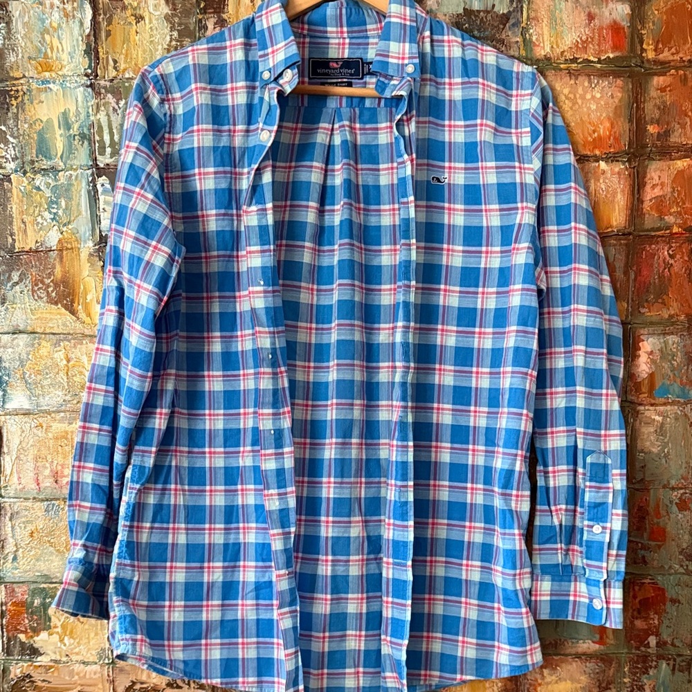 Vineyard Vines Blue, White & Pink Plaid Button-Down (boys XL 18)